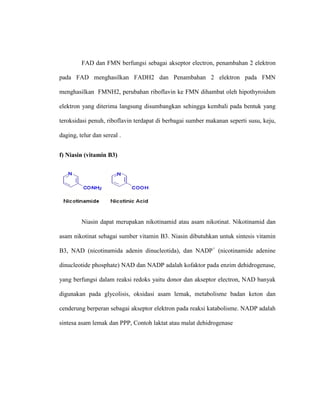 FAD dan FMN berfungsi sebagai akseptor electron, penambahan 2 elektron
pada FAD menghasilkan FADH2 dan Penambahan 2 elektron pada FMN
menghasilkan FMNH2, perubahan riboflavin ke FMN dihambat oleh hipothyroidsm
elektron yang diterima langsung disumbangkan sehingga kembali pada bentuk yang
teroksidasi penuh, riboflavin terdapat di berbagai sumber makanan seperti susu, keju,
daging, telur dan sereal .
f) Niasin (vitamin B3)
Niasin dapat merupakan nikotinamid atau asam nikotinat. Nikotinamid dan
asam nikotinat sebagai sumber vitamin B3. Niasin dibutuhkan untuk sintesis vitamin
B3, NAD (nicotinamida adenin dinucleotida), dan NADP+
(nicotinamide adenine
dinucleotide phosphate) NAD dan NADP adalah kofaktor pada enzim dehidrogenase,
yang berfungsi dalam reaksi redoks yaitu donor dan akseptor electron, NAD banyak
digunakan pada glycolisis, oksidasi asam lemak, metabolisme badan keton dan
cenderung berperan sebagai akseptor elektron pada reaksi katabolisme. NADP adalah
sintesa asam lemak dan PPP, Contoh laktat atau malat dehidrogenase
 