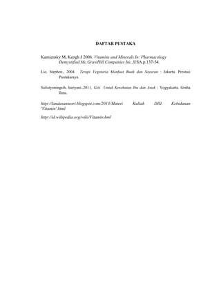 DAFTAR PUSTAKA
Kamiensky M, Keogh J 2006. Vitamins and Minerals.In: Pharmacology
Demystified.Mc.GrawHill Companies Inc.,USA.p.137-54.
Lie, Stephen., 2004. Terapi Vegetaria Manfaat Buah dan Sayuran : Jakarta. Prestasi
Pustakaraya.
Sulistyoningsih, hariyani.,2011. Gizi Untuk Kesehatan Ibu dan Anak : Yogyakarta. Graha
Ilmu.
http://landasanteori.blogspot.com/2013/Materi Kuliah DIII Kebidanan
'Vitamin'.html
http://id.wikipedia.org/wiki/Vitamin.hml
 