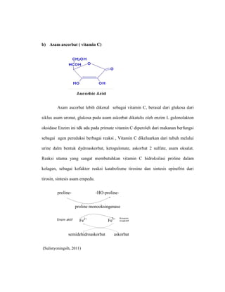 b) Asam ascorbat ( vitamin C)
Asam ascorbat lebih dikenal sebagai vitamin C, berasal dari glukosa dari
siklus asam uronat, glukosa pada asam askorbat dikatalis oleh enzim L gulonolakton
oksidase Enzim ini tdk ada pada primate vitamin C diperoleh dari makanan berfungsi
sebagai agen pereduksi berbagai reaksi , Vitamin C dikeluarkan dari tubuh melalui
urine dalm bentuk dydroaskorbat, ketogulonate, askorbat 2 sulfate, asam oksalat.
Reaksi utama yang sangat membutuhkan vitamin C hidroksilasi proline dalam
kolagen, sebagai kofaktor reaksi katabolisme tirosine dan sintesis epinefrin dari
tirosin, sintesis asam empedu.
proline- -HO-proline-
proline monooksingenase
Fe2+
Fe3+
semidehidroaskorbat askorbat
(Sulistyoningsih, 2011)
 
