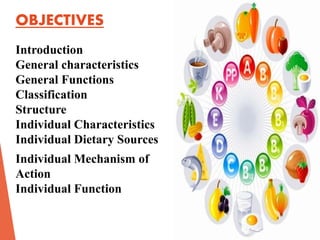 OBJECTIVES
Introduction
General characteristics
General Functions
Classification
Structure
Individual Characteristics
Individual Dietary Sources
Individual Mechanism of
Action
Individual Function
 