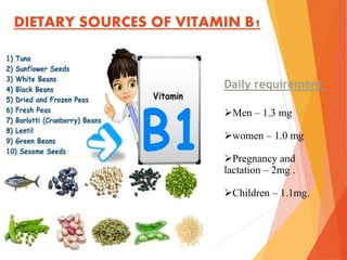 DIETARY SOURCES OF VITAMIN B1
Men – 1.3 mg
women – 1.0 mg
Pregnancy and
lactation – 2mg .
Children – 1.1mg.
Daily requirement
 