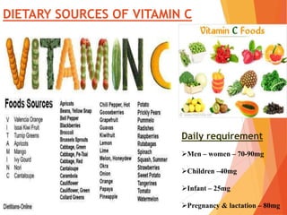DIETARY SOURCES OF VITAMIN C
Men – women – 70-90mg
Children –40mg
Infant – 25mg
Pregnancy & lactation – 80mg
Daily requirement
 