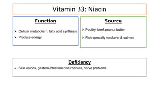 Vitamin B3: Niacin
Function
 Cellular metabolism, fatty acid synthesis
 Produce energy
Source
 Poultry, beef, peanut butter
 Fish specially mackerel & salmon
Deficiency
 Skin lesions, gastero-intestinal disturbances, nerve problems.
 