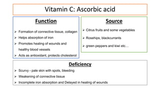 Vitamin C: Ascorbic acid
Function
 Formation of connective tissue, collagen
 Helps absorption of iron
 Promotes healing of wounds and
healthy blood vessels
 Acts as antioxidant, protects cholesterol
Source
 Citrus fruits and some vegetables
 Rosehips, blackcurrants
 green peppers and kiwi etc…
Deficiency
 Scurvy - pale skin with spots, bleeding
 Weakening of connective tissue
 Incomplete iron absorption and Delayed in healing of wounds
 