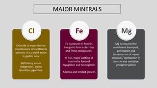 Chloride is important for
maintenance of electrolyte
balance. It is a chief anion
in gastric juice
Deficiency cause
indigestion, waste
retention, pyorrhea.
Cl
Mg is required for
membrane transport,
generation and
transmission of nerve
impulses, contraction in
muscle and oxidative
phosphorylation
Mg
MAJOR MINERALS
Fe is present in food in
inorganic form as ferrous
and ferric compounds.
In fish, major portion of
iron in the form of
myoglobin and hemoglobin
Anemia and limited growth
Fe
 