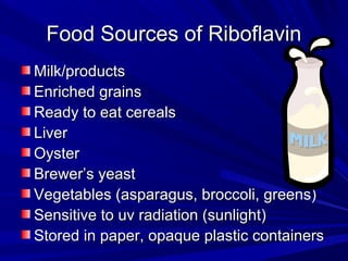 FFoooodd SSoouurrcceess ooff RRiibbooffllaavviinn 
MMiillkk//pprroodduuccttss 
EEnnrriicchheedd ggrraaiinnss 
RReeaaddyy ttoo eeaatt cceerreeaallss 
LLiivveerr 
OOyysstteerr 
BBrreewweerr’’ss yyeeaasstt 
VVeeggeettaabblleess ((aassppaarraagguuss,, bbrrooccccoollii,, ggrreeeennss)) 
SSeennssiittiivvee ttoo uuvv rraaddiiaattiioonn ((ssuunnlliigghhtt)) 
SSttoorreedd iinn ppaappeerr,, ooppaaqquuee ppllaassttiicc ccoonnttaaiinneerrss 
 