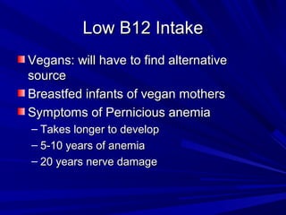 LLooww BB1122 IInnttaakkee 
VVeeggaannss:: wwiillll hhaavvee ttoo ffiinndd aalltteerrnnaattiivvee 
ssoouurrccee 
BBrreeaassttffeedd iinnffaannttss ooff vveeggaann mmootthheerrss 
SSyymmppttoommss ooff PPeerrnniicciioouuss aanneemmiiaa 
– TTaakkeess lloonnggeerr ttoo ddeevveelloopp 
– 55--1100 yyeeaarrss ooff aanneemmiiaa 
– 2200 yyeeaarrss nneerrvvee ddaammaaggee 
 