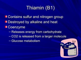 TThhiiaammiinn ((BB11)) 
CCoonnttaaiinnss ssuullffuurr aanndd nniittrrooggeenn ggrroouupp 
DDeessttrrooyyeedd bbyy aallkkaalliinnee aanndd hheeaatt 
CCooeennzzyymmee 
– RReelleeaasseess eenneerrggyy ffrroomm ccaarrbboohhyyddrraattee 
– CCOO22 iiss rreelleeaasseedd ffrroomm aa llaarrggeerr mmoolleeccuullee 
– GGlluuccoossee mmeettaabboolliissmm 
 