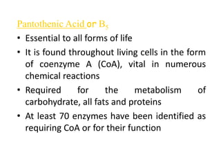 Pantothenic Acid or B5
• Essential to all forms of life
• It is found throughout living cells in the form
of coenzyme A (CoA), vital in numerous
chemical reactions
• Required for the metabolism of
carbohydrate, all fats and proteins
• At least 70 enzymes have been identified as
requiring CoA or for their function
 