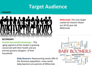 Target Audience
PRIMARY
● Baby Boomers: Representing nearly 20% of
the American population, many senior
baby boomers are parents of Millennials
Millennials: The core target
market for Vitamin Water
are 18-32 year old
Millennials
● Female Household Gatekeeper : This
aging segment of the market is growing
concerned with their health and are
primary grocery shoppers of their
household.
SECONDARY
 