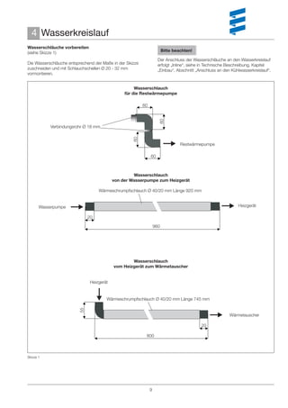 4 Wasserkreislauf
Wasserschläuche vorbereiten
(siehe Skizze 1)                                                         Bitte beachten!

                                                                     Der Anschluss der Wasserschläuche an den Wasserkreislauf
Die Wasserschläuche entsprechend der Maße in der Skizze              erfolgt „Inline“, siehe in Technische Beschreibung, Kapitel
zuschneiden und mit Schlauchschellen Ø 20 - 32 mm                    „Einbau“, Abschnitt „Anschluss an den Kühlwasserkreislauf“.
vormontieren.


                                                     Wasserschlauch
                                                für die Restwärmepumpe

                                                          60




                                                                     60
           Verbindungsrohr Ø 18 mm

                                                    60
                                                                                  Restwärmepumpe

                                                               60



                                                    Wasserschlauch
                                           von der Wasserpumpe zum Heizgerät

                                   Wärmeschrumpfschlauch Ø 40/20 mm Länge 920 mm


       Wasserpumpe                                                                                             Heizgerät

                              20

                                                                   960




                                                   Wasserschlauch
                                           vom Heizgerät zum Wärmetauscher


                               Heizgerät


                                       Wärmeschrumpfschlauch Ø 40/20 mm Länge 745 mm
                         55




                                                                                                          Wärmetauscher

                                                                                           20

                                                           800



Skizze 1




                                                               9
 