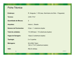 Ficha Técnica

Endereço:               R. Araguaia, 1.150 (esq. Geminiano de Góis – Freguesia)

Terreno:                2.691,77m2

Quantidade de Blocos:   2

Arquiteto:              Inácio L. Obadia

Número de Pavimentos:   6 tipo + 1 cobertura duplex

Total de unidades:      112 (96 tipos + 16 coberturas duplex)

Vagas de Garagem:       1(tipo) 2 (cobertura duplex)

Tipologia:              2 e 3 quartos

Metragens:              64 à 86m2 (tipo)
                        122 à 171m2 (cobertura duplex)

VGV:                    R$ 25 milhões
             5                                                              2/3/2011
 