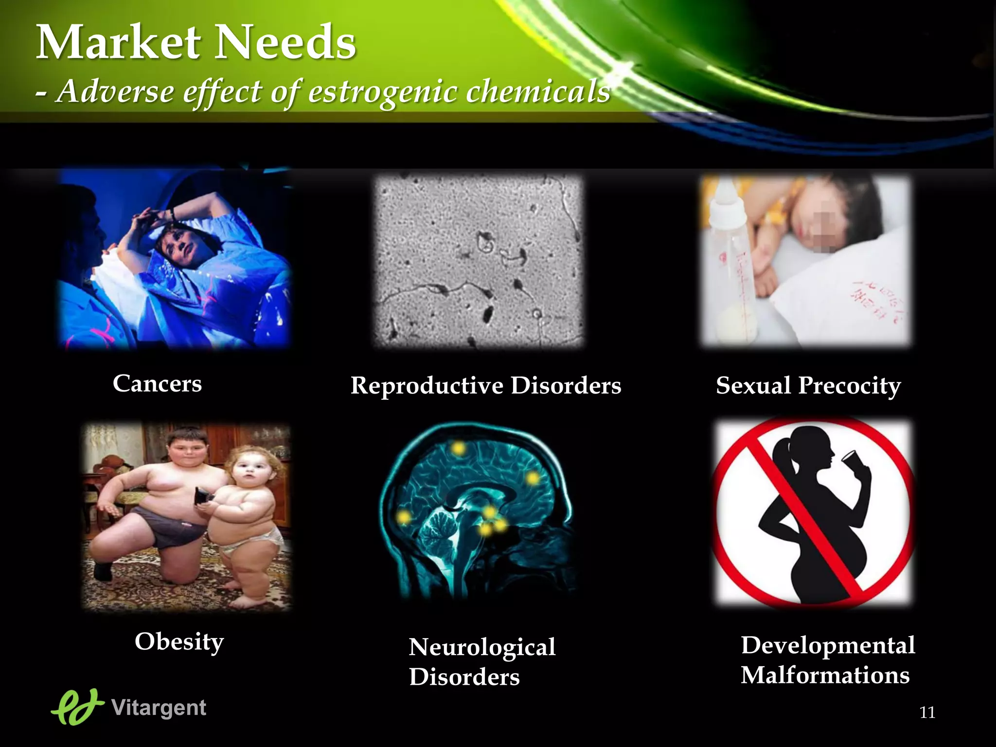Reproductive Disorders
Neurological
Disorders
Cancers
11
Sexual Precocity
Obesity Developmental
Malformations
Vitargent
Market Needs
- Adverse effect of estrogenic chemicals
 
