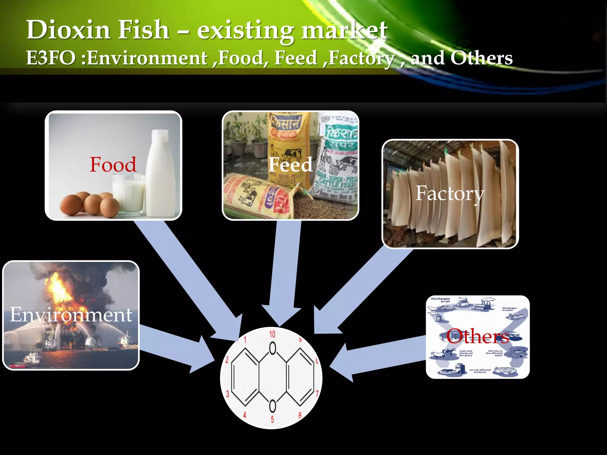 Food Feed
Factory
Environment
Others
Dioxin Fish – existing market
E3FO :Environment ,Food, Feed ,Factory , and Others
 
