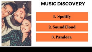 Vita Verde Winter Promotions 2020
MUSIC DISCOVERY
1. Spotify
2. SoundCloud
3. Pandora
 