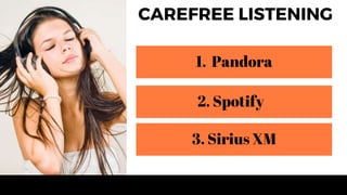 Vita Verde Winter Promotions 2020
CAREFREE LISTENING
1. Pandora
2. Spotify
3. Sirius XM
 