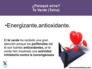 www.fuxionlatino.com
•Energizante,antioxidante.
¿Paraqué sirve?
Te Verde (Teína)
El té verde ha recibido una gran
atención porque los polifenoles del
té son fuertes antioxidantes, el té
verde han mostrado una actividad
inhibitoria contra la tumorigénesis
 