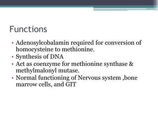 Functions 
• Adenosylcobalamin required for conversion of 
homocysteine to methionine. 
• Synthesis of DNA 
• Act as coenzyme for methionine synthase & 
methylmalonyl mutase. 
• Normal functioning of Nervous system ,bone 
marrow cells, and GIT 
 