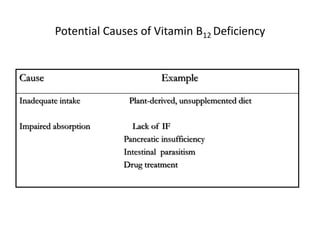 Potential Causes of Vitamin B12 Deficiency
Cause Example
Inadequate intake Plant-derived, unsupplemented diet
Impaired absorption Lack of IF
Pancreatic insufficiency
Intestinal parasitism
Drug treatment
 