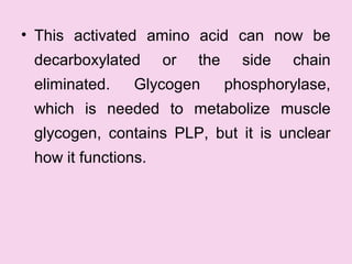 • This activated amino acid can now be
decarboxylated or the side chain
eliminated. Glycogen phosphorylase,
which is needed to metabolize muscle
glycogen, contains PLP, but it is unclear
how it functions.
 