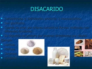 DISACARIDO Carbohidratos q’ hidrolizados producen 2 monosacáridos. Son glucósidos Cuando se unen por enlaces lucosidicos forman moléculas con diferentes funciones. Su digestión se produce por enzimas sintetizadas por células. Ejemplo. Lactosa  Maltosa Sacarosa celobiosa 