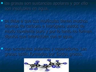 las grasas son sustancias apolares y por ello son insolubles en agua. se debe a que sus moléculas tienen muchos átomos de carbono e hidrógeno unidos de modo covalente puro y por lo tanto no forman dipolos que interactúen con el agua.  son excelentes aislantes y separadores. Las grasas están formadas por ácidos grasos.  