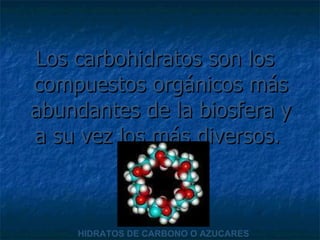Los carbohidratos son los compuestos orgánicos más abundantes de la biosfera y a su vez los más diversos.  HIDRATOS DE CARBONO O AZUCARES 