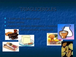 TRIAGLICEROLES 3 moléculas de ácidos grasos Grasas neutras Pueden ser saturado insaturados o combinadas Función de almacenamiento y transporte   VS 