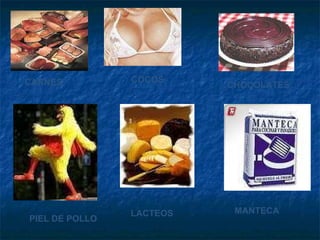 CARNES COCOS CHOCOLATES PIEL DE POLLO LACTEOS MANTECA 