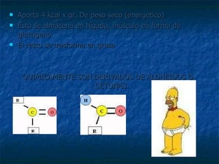 Aporta 4 kcal x gr. De peso seco (energético) Esto se almacena en hígado, músculo en forma de glucogeno. El resto se trasforma en grasa QUIMICAMENTE SON DERIVADOS DE ALDHEIDOS O CETONAS. 