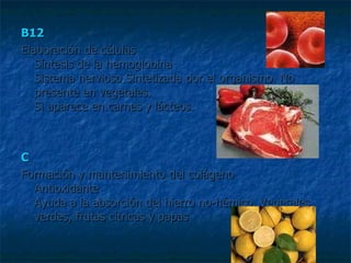 B12 Elaboración de células  Síntesis de la hemoglobina  Sistema nervioso Sintetizada por el organismo. No presente en vegetales.   Si aparece en carnes y lácteos. C Formación y mantenimiento del colágeno  Antioxidante  Ayuda a la absorción del hierro no-hémico. Vegetales verdes, frutas cítricas y papas 