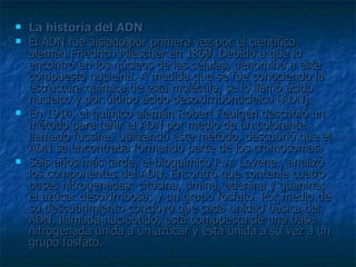 La historia del ADN El ADN fue aislado por primera vez por el científico alemán Friedrich Miescher en 1869. Debido a que lo encontró en los núcleos de las células, denominó a este compuesto nucleína. A medida que se fue conociendo la estructura química de esta molécula, se lo llamó ácido nucleico y por último ácido desoxirribonucleico (ADN). En 1914, el químico alemán Robert Feulgen describió un método para teñir el ADN por medio de un colorante llamado fucsina. Utilizando este método, descubrió que el ADN se encontraba formando parte de los cromosomas. Seis años más tarde, el bioquímico P.A. Levene , analizó los componentes del ADN. Encontró que contenía cuatro bases nitrogenadas: citosina, timina, adenina y guanina; el azúcar desoxirribosa; y un grupo fosfato. Por medio de su descubrimiento concluyó que cada unidad básica del ADN, llamada nucleótido, está compuesta de una base nitrogenada unida a un azúcar y ésta unida a su vez a un grupo fosfato. 