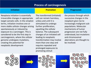 Process of carcinogenesis
Initiation Promotion Progression
Neoplasia initiation is essentially
irreversible changes in appropriate
target somatic cells. In the simplest
terms, initiation involves one or
more stable cellular changes arising
spontaneously or induced by
exposure to a carcinogen. This is
considered to be the first step in
carcinogenesis, where the cellular
genome undergoes mutations,
creating the potential for
neoplastic development
The transformed (initiated)
cell can remain harmless,
unless and until it is
stimulated to undergo
further proliferation,
upsetting the cellular
balance. The subsequent
changes of an initiated cell
leading to neoplastic
transformation may involve
more than one step and
requires repeated and
prolonged exposures to
promoting stimuli
the process through which
successive changes in the
neoplasm give rise to
increasingly malignant sub-
populations. Molecular
mechanisms of tumor
progression are not fully
understood, but mutations
and chromosomal
aberrations are thought to
be involved.
45
 