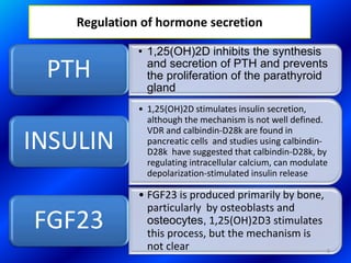 Regulation of hormone secretion
• 1,25(OH)2D inhibits the synthesis
and secretion of PTH and prevents
the proliferation of the parathyroid
gland
PTH
• 1,25(OH)2D stimulates insulin secretion,
although the mechanism is not well defined.
VDR and calbindin-D28k are found in
pancreatic cells and studies using calbindin-
D28k have suggested that calbindin-D28k, by
regulating intracellular calcium, can modulate
depolarization-stimulated insulin release
INSULIN
• FGF23 is produced primarily by bone,
particularly by osteoblasts and
osteocytes, 1,25(OH)2D3 stimulates
this process, but the mechanism is
not clear
FGF23
9
 