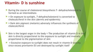 Vitamin- D is sunshine
 During the course of cholesterol biosynthesis 7- dehydrocholesterol is
formed as an intermediate.
  On exposure to sunlight, 7-dehydrocholesterol is converted to
cholecalciferol in the skin (dermis and epidermis)
  Dark skin pigment (melanin) adversely influences the synthesis of
cholecalciferol
 Skin is the largest organ in the body  The production of vitamin D in the
skin is directly proportional to the exposure to sunlight and inversely
proportional to the pigmentation of skin
  Excessive exposure to sunlight does not result in vitamin D toxicity
since excess provitamin D3 are destroyed by sunlight itself
 