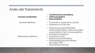 Antes del Tratamiento
Factores ambientales
• Contaminación atmosférica
• Latitud geográfica
• Estacionalidad
Factores dietéticos • Contenido en grasa de la comida
• Intolerancia a la lactosa
Alteraciones orgánicas
• Alteraciones gastrointestinales:
enfermedad celíaca, obstrucción biliar
o pancreatitis, Crohn, by-pass gástrico.
• Insuficiencia hepática.
• Insuficiencia renal
• Alteraciones paratiroideas.
• Enfermedades granulomatosas:
sarcoidosis, TBC,…
• Quemaduras extensas.
 