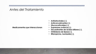 Antes del Tratamiento
Medicamentos que interaccionan
• Antiretrovirales (-).
• Anticonvulsivantes (-).
• Glucocorticoides (-).
• Supresores ováricos (-).
• Secuestrantes de ácidos biliares (-).
• Inhibidores de lipasa (-).
• Rifampicina, Isoniazida (-).
 