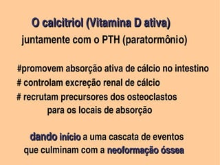 O calcitriol (Vitamina D ativa)
      juntamente com o PTH (paratormônio)
 
      #promovem absorção ativa de cálcio no intestino 
      # controlam excreção renal de cálcio
      # recrutam precursores dos osteoclastos
                    para os locais de absorção
       
           dando início a uma cascata de eventos  
                       início
          que culminam com a neoformação óssea                
                                    neoformação óssea
 