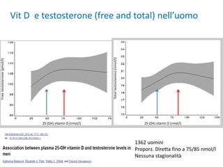 Vit D e testosterone (free and total) nell’uomo
1362 uomini
Proporz. Diretta fino a 75/85 nmol/l
Nessuna stagionalità
 