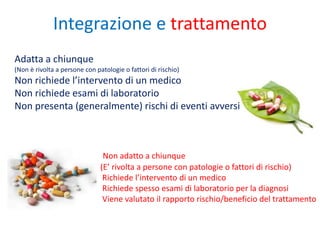 Integrazione e trattamento
Adatta a chiunque
(Non è rivolta a persone con patologie o fattori di rischio)
Non richiede l’intervento di un medico
Non richiede esami di laboratorio
Non presenta (generalmente) rischi di eventi avversi
Non adatto a chiunque
(E’ rivolta a persone con patologie o fattori di rischio)
Richiede l’intervento di un medico
Richiede spesso esami di laboratorio per la diagnosi
Viene valutato il rapporto rischio/beneficio del trattamento
 