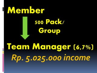 Member
Team Manager (6,7%)
Rp. 5.025.000 income
500 Pack/
Group
 