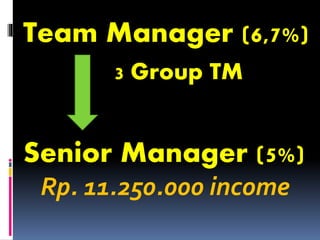 Team Manager (6,7%)
Senior Manager (5%)
Rp. 11.250.000 income
3 Group TM
 