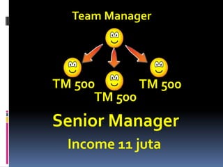 Team Manager
TM 500
TM 500
TM 500
Senior Manager
Income 11 juta
 