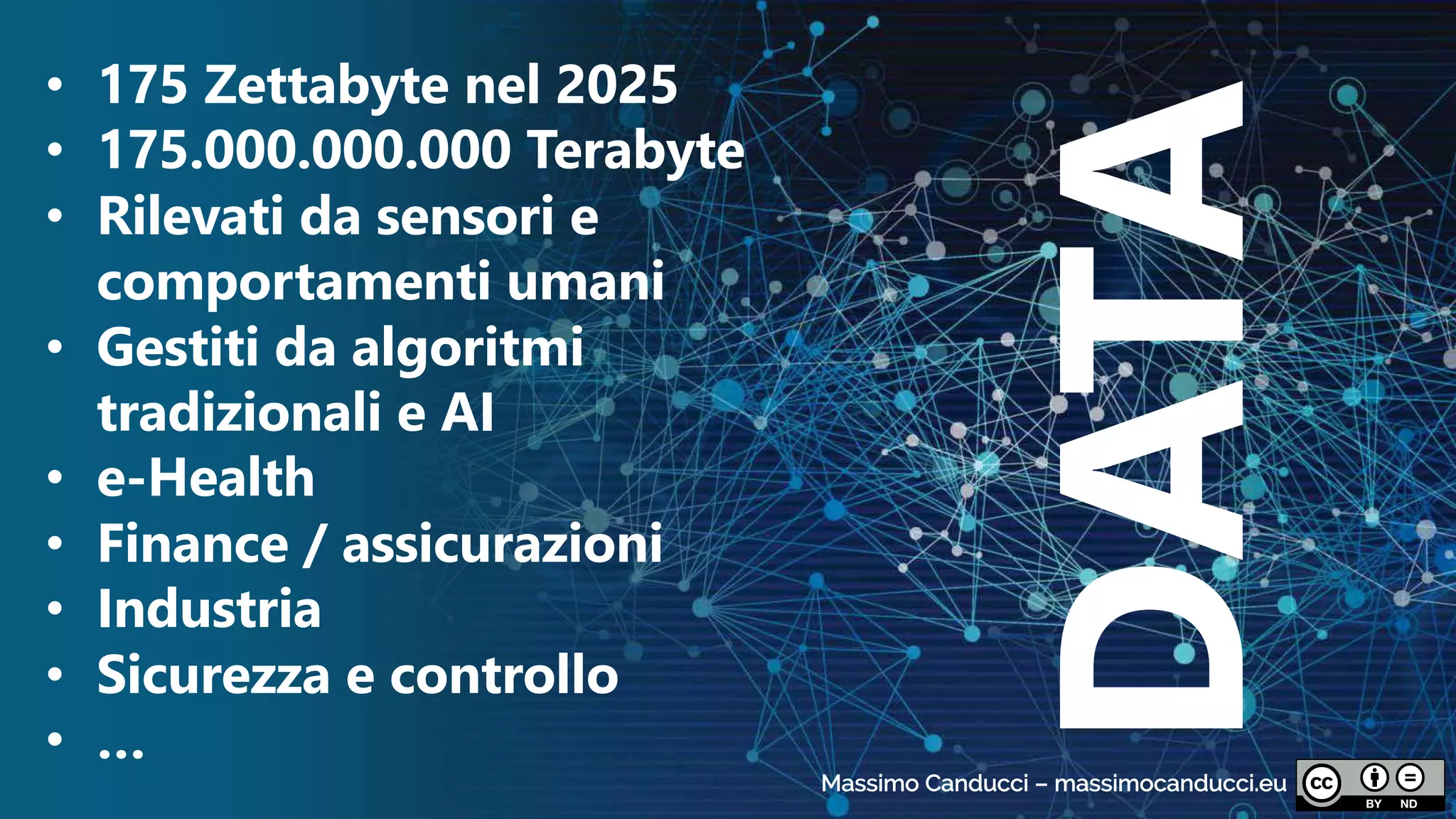 • 175 Zettabyte nel 2025
• 175.000.000.000 Terabyte
• Rilevati da sensori e
comportamenti umani
• Gestiti da algoritmi
tradizionali e AI
• e-Health
• Finance / assicurazioni
• Industria
• Sicurezza e controllo
• …
DATA
Massimo Canducci – massimocanducci.eu
 