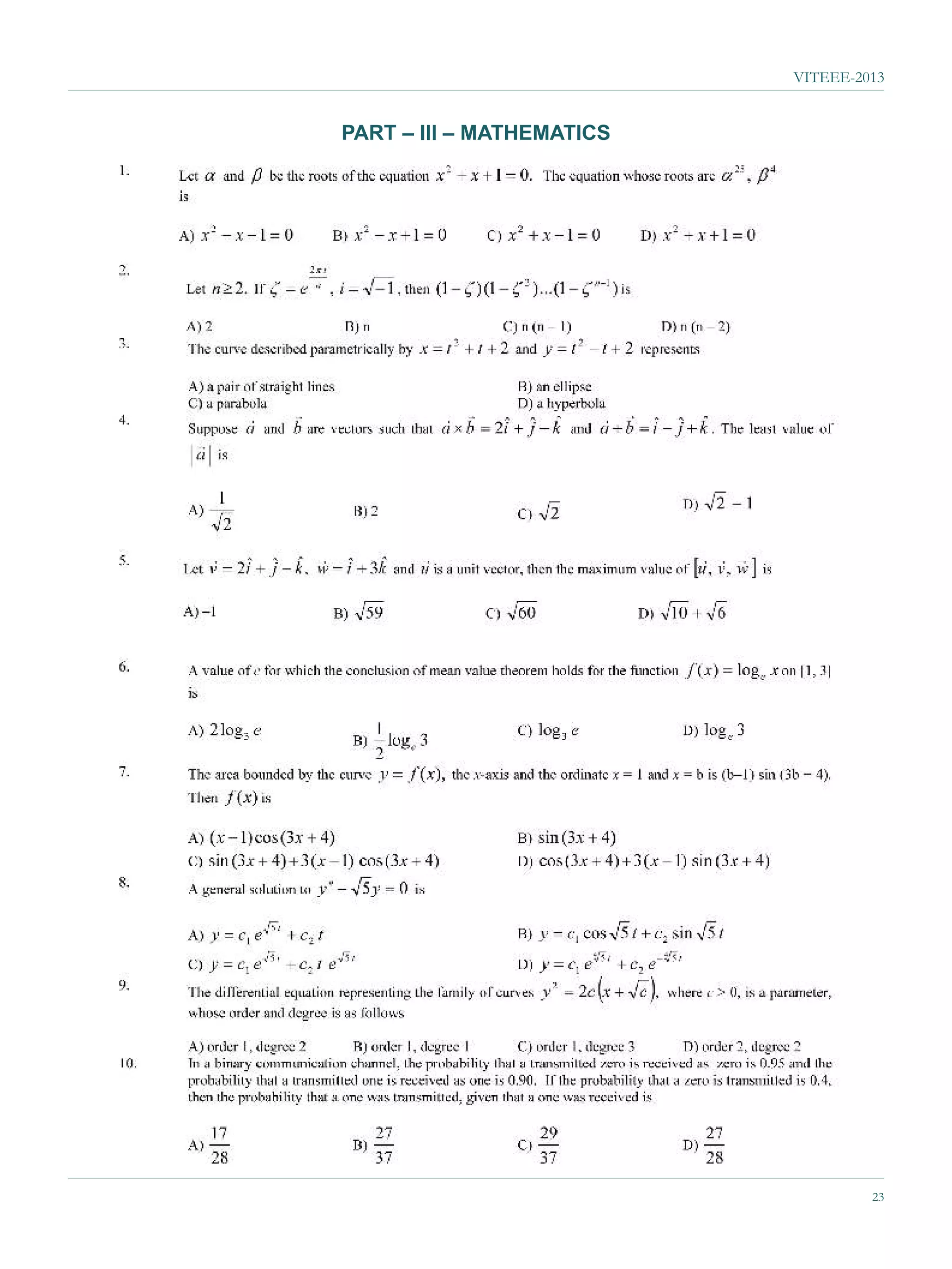 VITEEE-2013


PART – III – MATHEMATICS




                                    23
 
