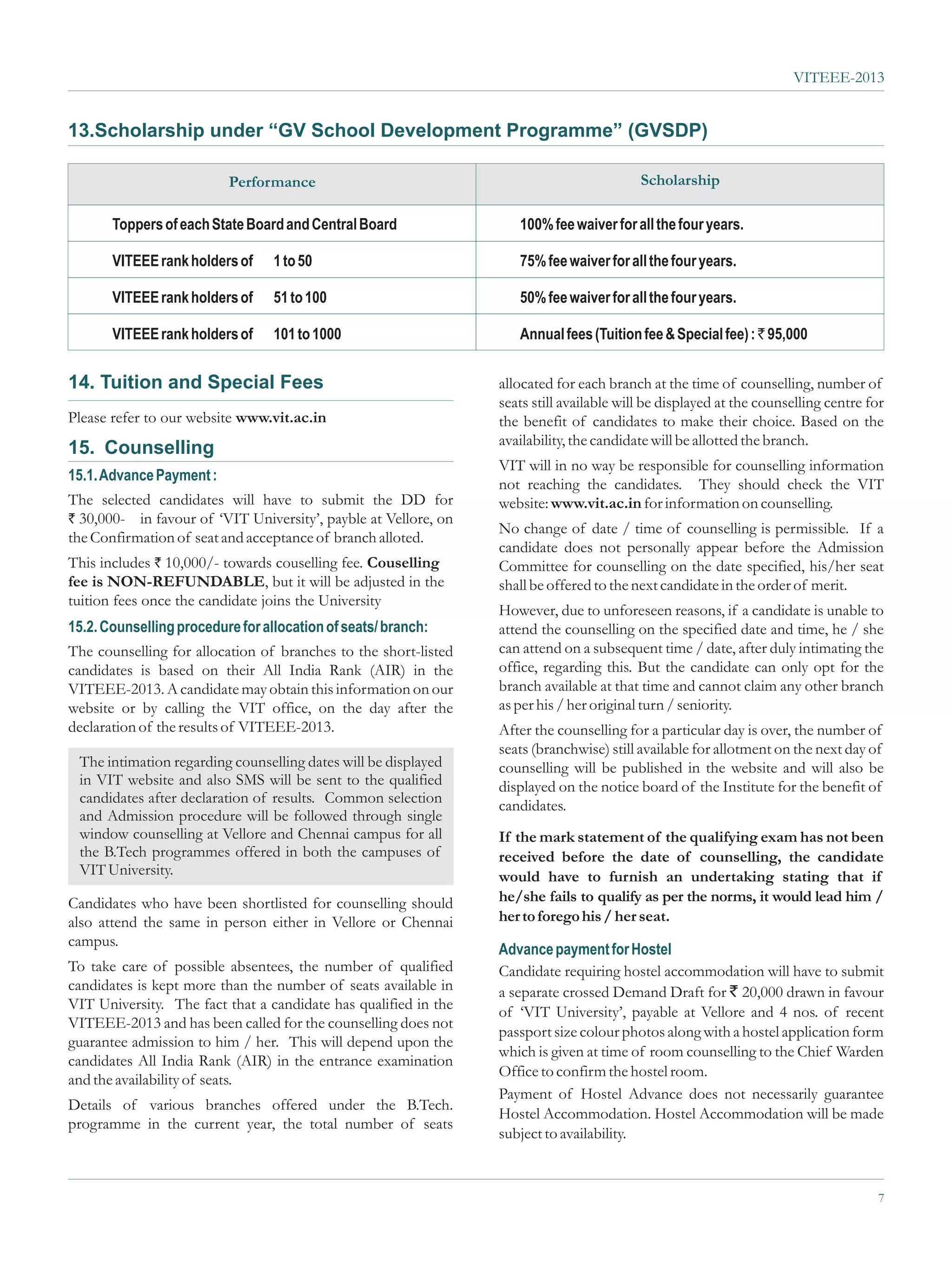 VITEEE-2013


13.Scholarship under “GV School Development Programme” (GVSDP)

                          Performance                                                      Scholarship

       Toppers of each State Board and Central Board                 100% fee waiver for all the four years.

       VITEEE rank holders of     1 to 50                            75% fee waiver for all the four years.

       VITEEE rank holders of     51 to 100                          50% fee waiver for all the four years.

       VITEEE rank holders of     101 to 1000                        Annual fees (Tuition fee & Special fee) : ` 95,000


14. Tuition and Special Fees                                      allocated for each branch at the time of counselling, number of
                                                                  seats still available will be displayed at the counselling centre for
Please refer to our website www.vit.ac.in                         the benefit of candidates to make their choice. Based on the
                                                                  availability, the candidate will be allotted the branch.
15. Counselling
                                                                  VIT will in no way be responsible for counselling information
15.1. Advance Payment :
                                                                  not reaching the candidates. They should check the VIT
The selected candidates will have to submit the DD for            website: www.vit.ac.in for information on counselling.
` 30,000-  in favour of ‘VIT University’, payble at Vellore, on
                                                                  No change of date / time of counselling is permissible. If a
the Confirmation of seat and acceptance of branch alloted.
                                                                  candidate does not personally appear before the Admission
This includes ` 10,000/- towards couselling fee. Couselling       Committee for counselling on the date specified, his/her seat
fee is NON-REFUNDABLE, but it will be adjusted in the             shall be offered to the next candidate in the order of merit.
tuition fees once the candidate joins the University
                                                                  However, due to unforeseen reasons, if a candidate is unable to
15.2. Counselling procedure for allocation of seats/ branch:      attend the counselling on the specified date and time, he / she
The counselling for allocation of branches to the short-listed    can attend on a subsequent time / date, after duly intimating the
candidates is based on their All India Rank (AIR) in the          office, regarding this. But the candidate can only opt for the
VITEEE-2013. A candidate may obtain this information on our       branch available at that time and cannot claim any other branch
website or by calling the VIT office, on the day after the        as per his / her original turn / seniority.
declaration of the results of VITEEE-2013.                        After the counselling for a particular day is over, the number of
                                                                  seats (branchwise) still available for allotment on the next day of
 The intimation regarding counselling dates will be displayed     counselling will be published in the website and will also be
 in VIT website and also SMS will be sent to the qualified        displayed on the notice board of the Institute for the benefit of
 candidates after declaration of results. Common selection        candidates.
 and Admission procedure will be followed through single
 window counselling at Vellore and Chennai campus for all         If the mark statement of the qualifying exam has not been
 the B.Tech programmes offered in both the campuses of            received before the date of counselling, the candidate
 VIT University.                                                  would have to furnish an undertaking stating that if
Candidates who have been shortlisted for counselling should       he/she fails to qualify as per the norms, it would lead him /
also attend the same in person either in Vellore or Chennai       her to forego his / her seat.
campus.
                                                                  Advance payment for Hostel
To take care of possible absentees, the number of qualified       Candidate requiring hostel accommodation will have to submit
candidates is kept more than the number of seats available in     a separate crossed Demand Draft for ` 20,000 drawn in favour
VIT University. The fact that a candidate has qualified in the    of ‘VIT University’, payable at Vellore and 4 nos. of recent
VITEEE-2013 and has been called for the counselling does not
                                                                  passport size colour photos along with a hostel application form
guarantee admission to him / her. This will depend upon the
                                                                  which is given at time of room counselling to the Chief Warden
candidates All India Rank (AIR) in the entrance examination
                                                                  Office to confirm the hostel room.
and the availability of seats.
                                                                  Payment of Hostel Advance does not necessarily guarantee
Details of various branches offered under the B.Tech.
                                                                  Hostel Accommodation. Hostel Accommodation will be made
programme in the current year, the total number of seats
                                                                  subject to availability.


                                                                                                                                      7
 