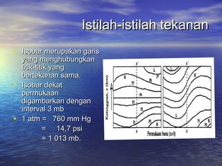 Istilah-istilah tekananIstilah-istilah tekanan
• Isobar merupakan garisIsobar merupakan garis
yang menghubungkanyang menghubungkan
titik-titik yangtitik-titik yang
bertekanan sama.bertekanan sama.
• Isobar dekatIsobar dekat
permukaanpermukaan
digambarkan dengandigambarkan dengan
interval 3 mbinterval 3 mb
• 1 atm = 760 mm Hg1 atm = 760 mm Hg
= 14,7 psi= 14,7 psi
= 1 013 mb.= 1 013 mb.
 
