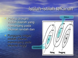 Istilah-istilah tekananIstilah-istilah tekanan
• Palung (trough)Palung (trough)
adalah daerah yangadalah daerah yang
memanjang padamemanjang pada
tekanan rendah dantekanan rendah dan
• Punggung (ridge)Punggung (ridge)
adalah daerahadalah daerah
memanjang padamemanjang pada
tekanan tinggitekanan tinggi
Antisiklon
Siklon
 