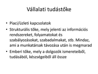 Vállalati tudástőkePiaci/üzleti kapcsolatokStrukturális tőke, mely jelenti az információs rendszereket, folyamatokat és szabályozásokat, szabadalmakat, stb. Mindaz, ami a munkatársak távozása után is megmaradEmberi tőke, mely a dolgozók ismereteiből, tudásából, készségeiből áll össze 