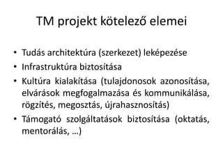 TM projekt kötelező elemeiTudás architektúra (szerkezet) leképezéseInfrastruktúra biztosításaKultúra kialakítása (tulajdonosok azonosítása, elvárások megfogalmazása és kommunikálása, rögzítés, megosztás, újrahasznosítás)Támogató szolgáltatások biztosítása (oktatás, mentorálás, …)
